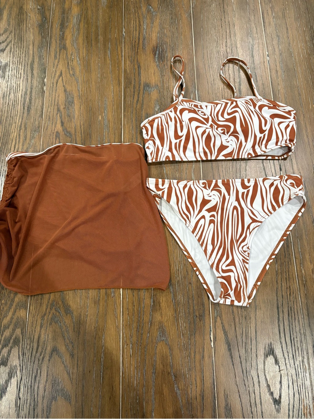 Rust Zebra-Print Girls' Bikini Set with Skirt